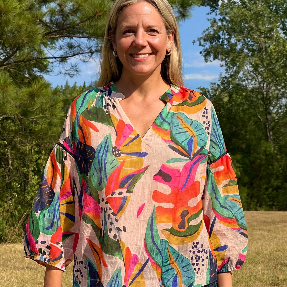 JADE TRIMMED‎ PEASANT TOP 3/4 Sleeve - TROPICAL FOLIAGE Size S